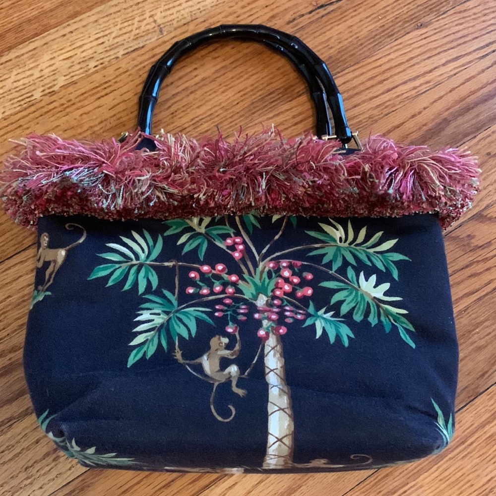 Vintage handmade monkey canvas small bag w black faux bamboo handles and fringe